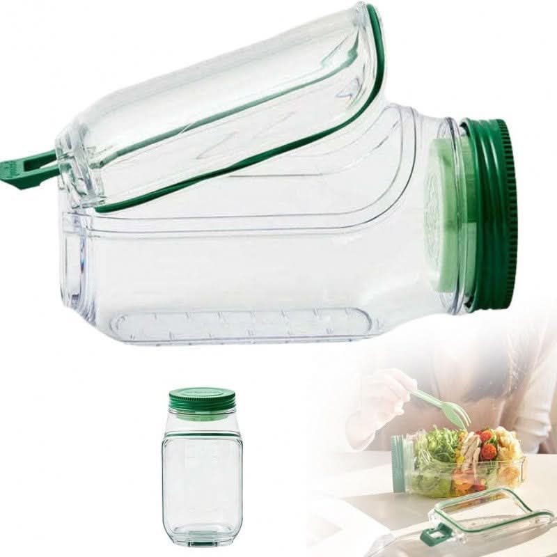 Clear containers with green lids on a white background