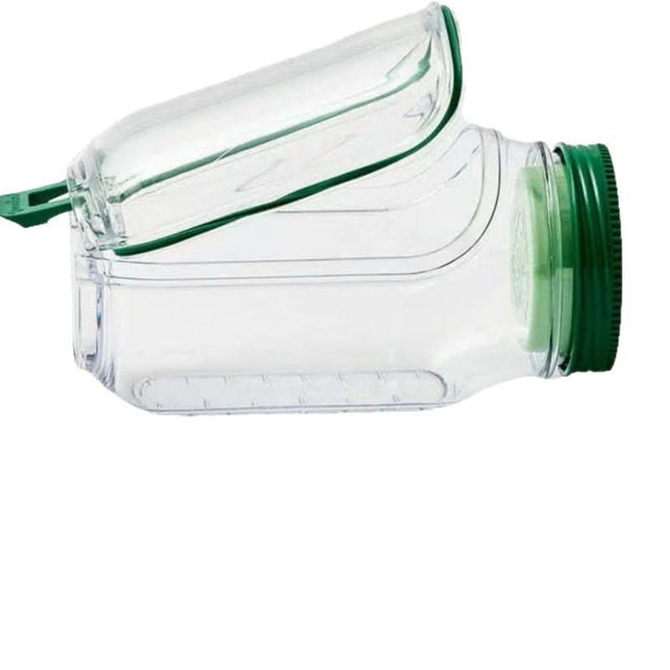 Clear plastic container with green lid on a white background
