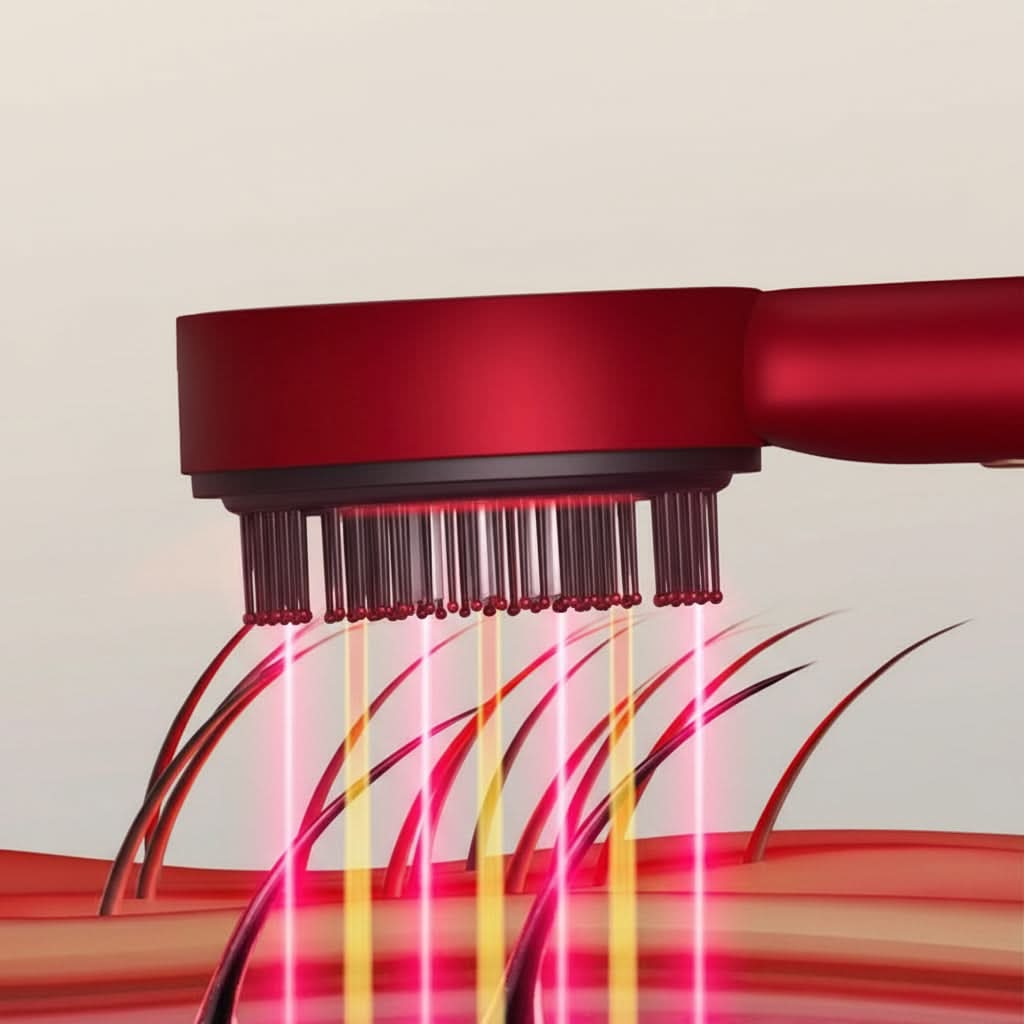 Red hair dryer nozzle with glowing red lights on a beige background