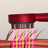 Red hair dryer nozzle with glowing red lights on a beige background