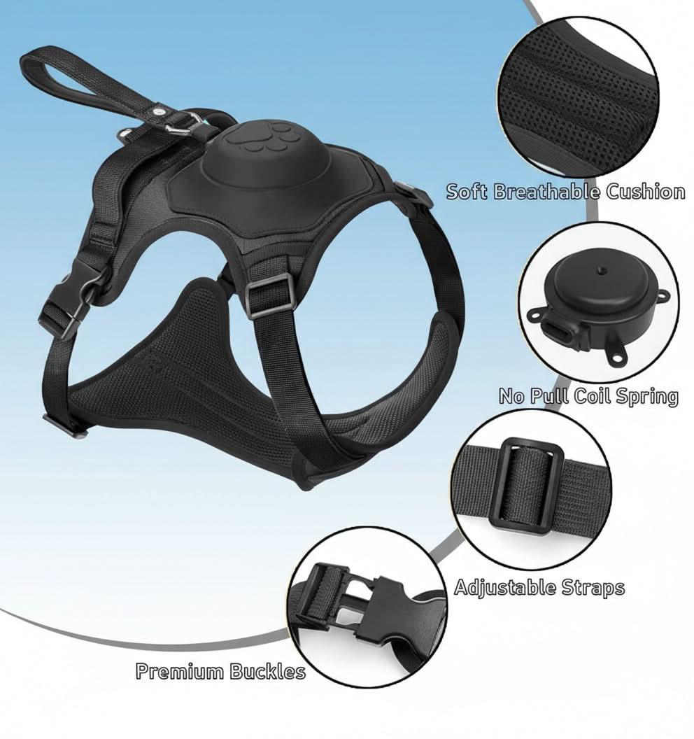 Black adjustable no-pull dog harness on a golden retriever