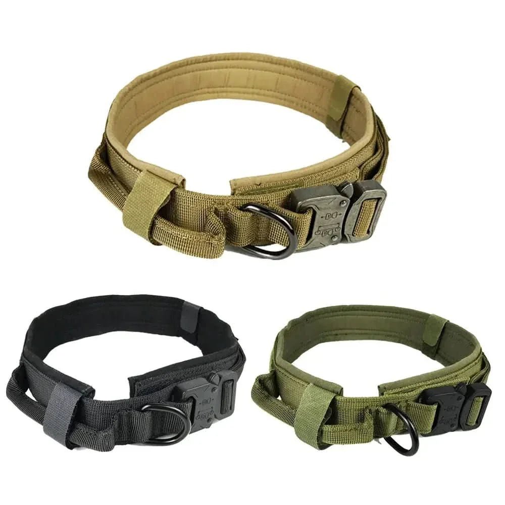 Three adjustable durable dog collars in khaki, black, and green with metal buckles and D-rings.