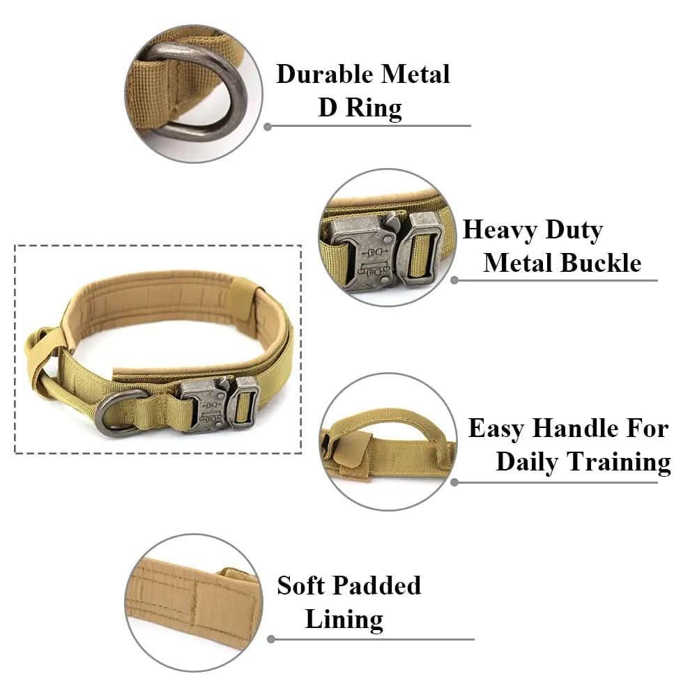 Adjustable dog collar with metal D-ring, heavy duty metal buckle, padded lining, and training handle.