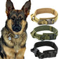 German shepherd wearing an adjustable dog collar with three durable nylon collars in tan, green, and black displayed.
