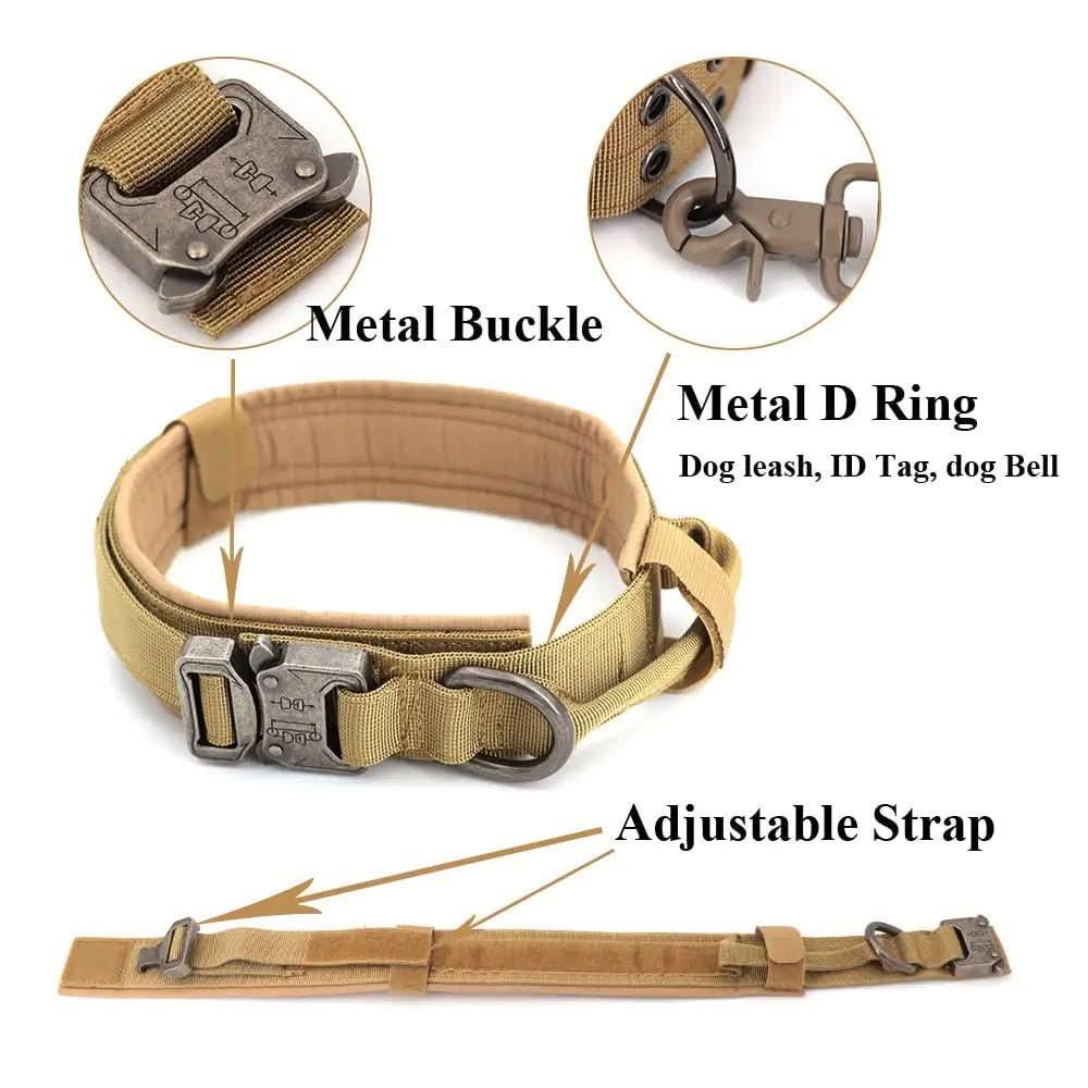 Adjustable durable dog collar with metal buckle and D ring in tan color