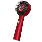 Red handheld hair dryer with black bristle brush attachment on a white background