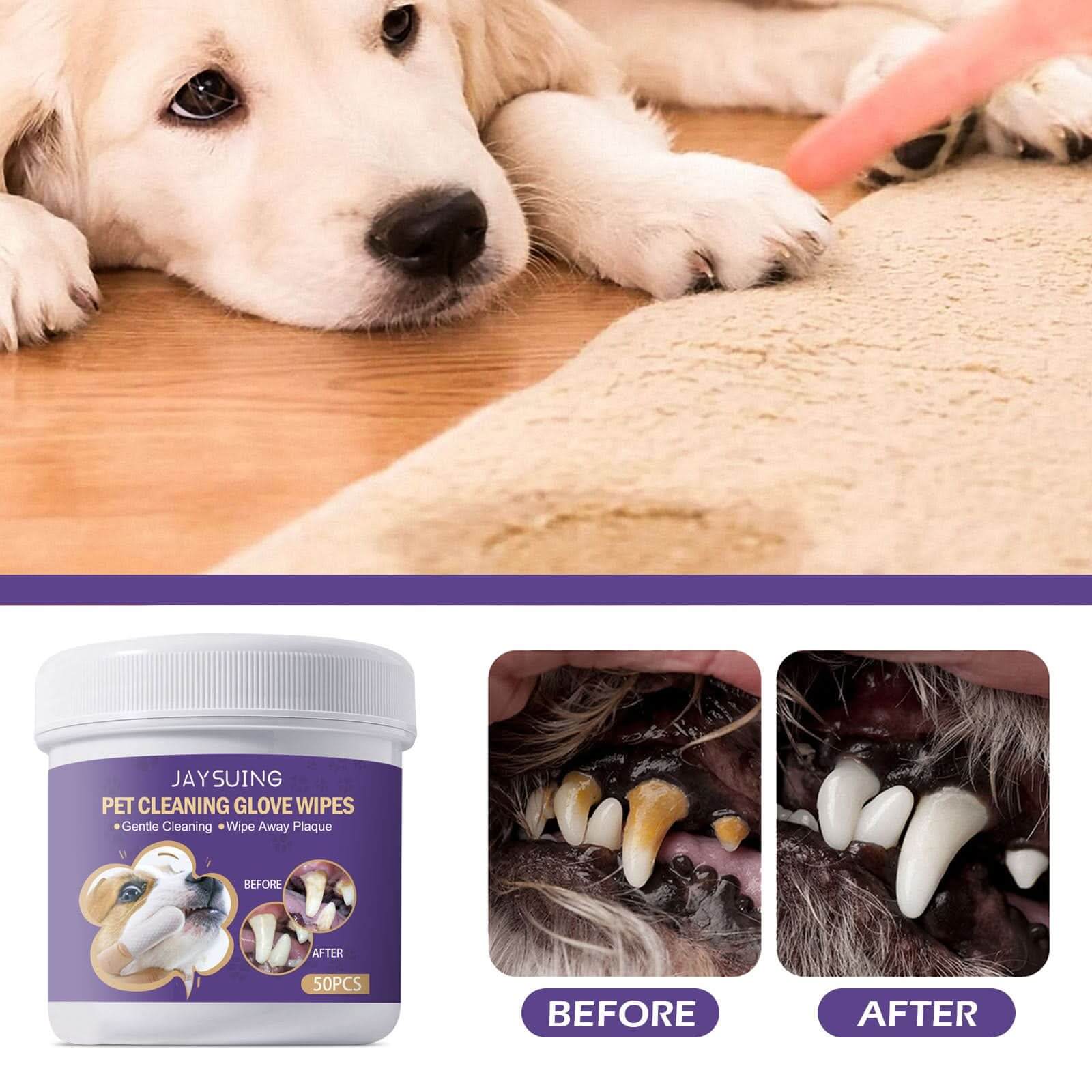 Pet Dental Wipes - Lemon Flavored Finger Tooth Cleaning Wipes for Dogs & Cats - PawsiFypets Pet Dental Care - 50pcs PawsiFypets