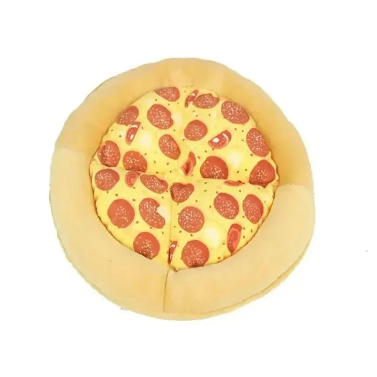 Durable pizza-shaped dog chew toy with pepperoni design, bite-resistant and plush