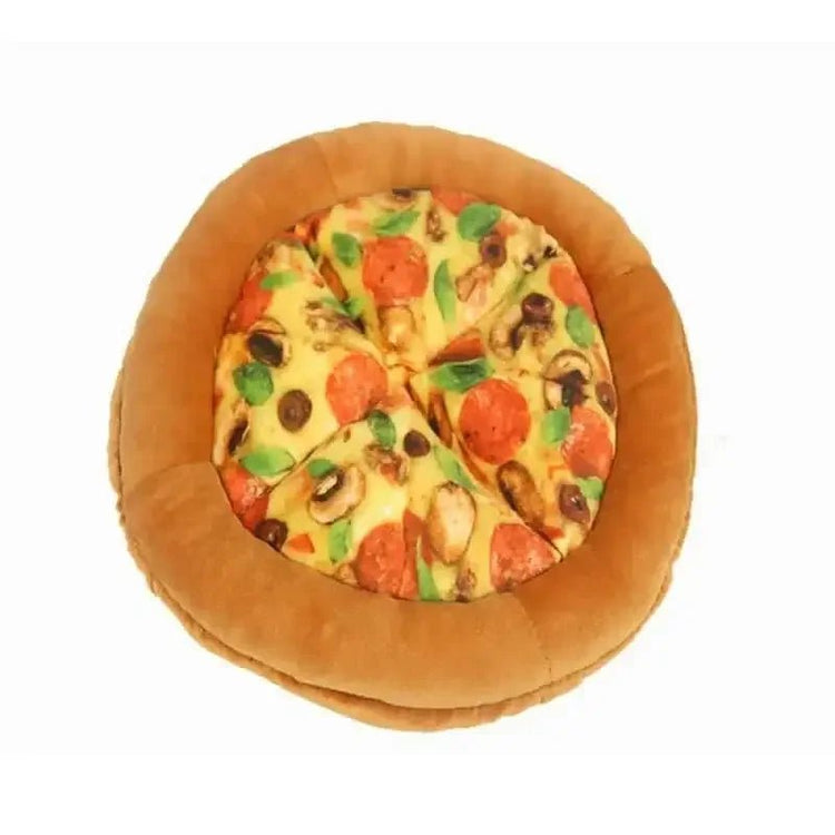 Durable plush pizza-shaped chew toy for dogs and puppies with realistic toppings