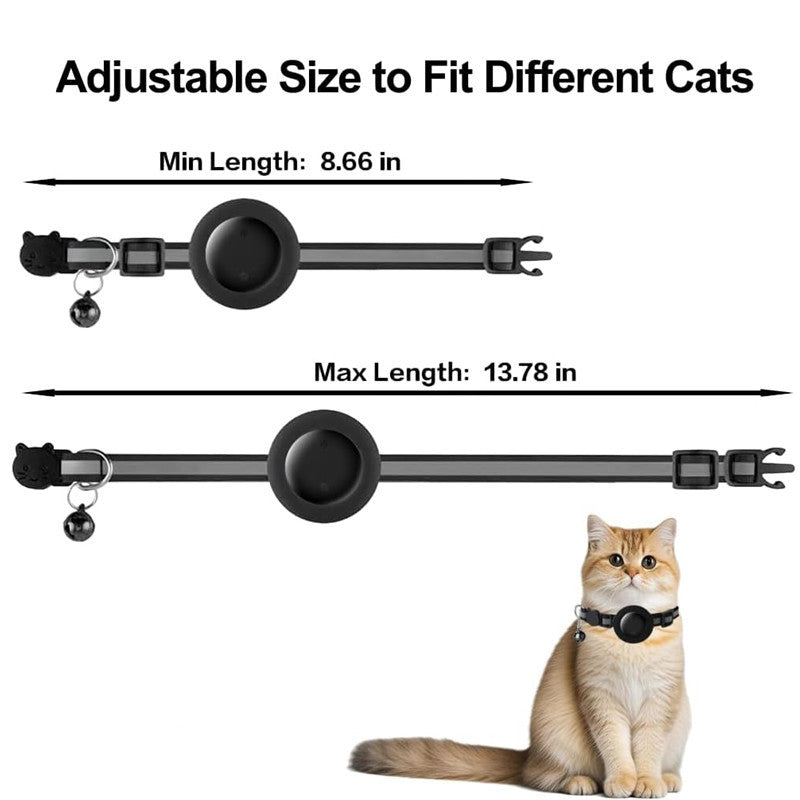 Cat collar with adjustable length measurement chart and a cat wearing the collar.