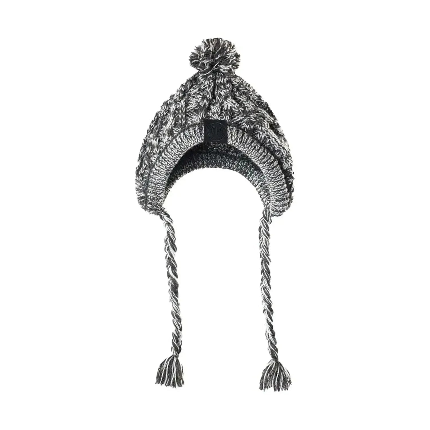 Gray knit dog winter hat with ear flaps, braided tassels, and pom-pom on top