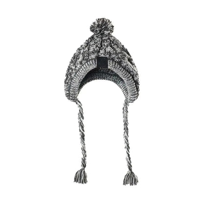 Gray knit dog winter hat with ear flaps, braided tassels, and pom-pom on top