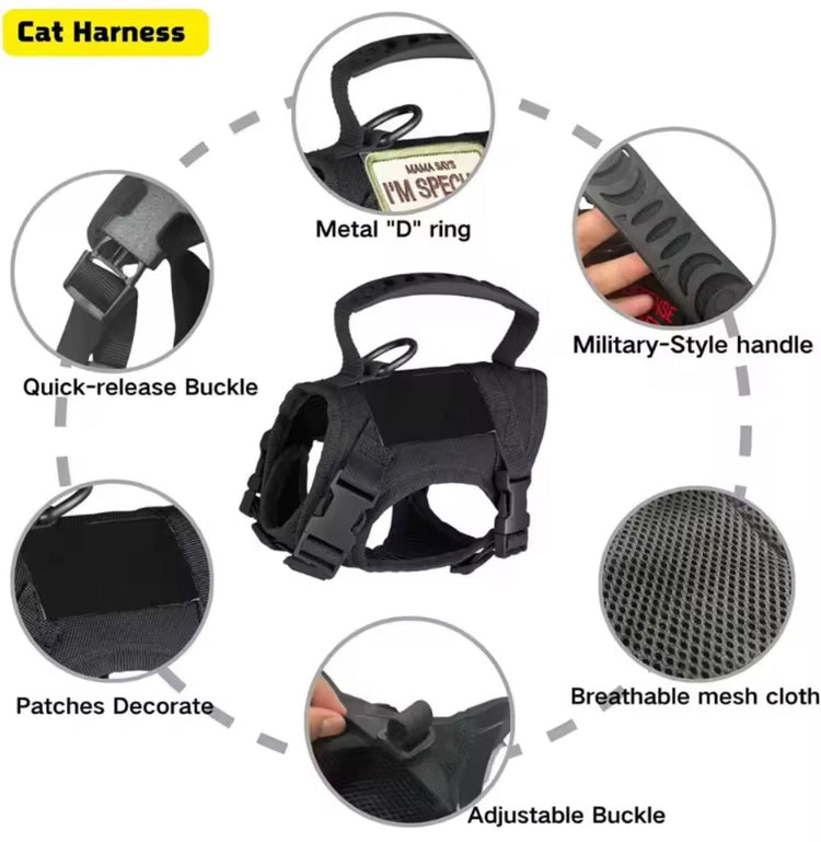 Cat Harness for Walking — Escape - Proof Secure Chest Strap Vest, Black Tactical Cat Harness with handle for outdoor walking" or "Small escape proof cat vest for kittens. - PawsiFypets