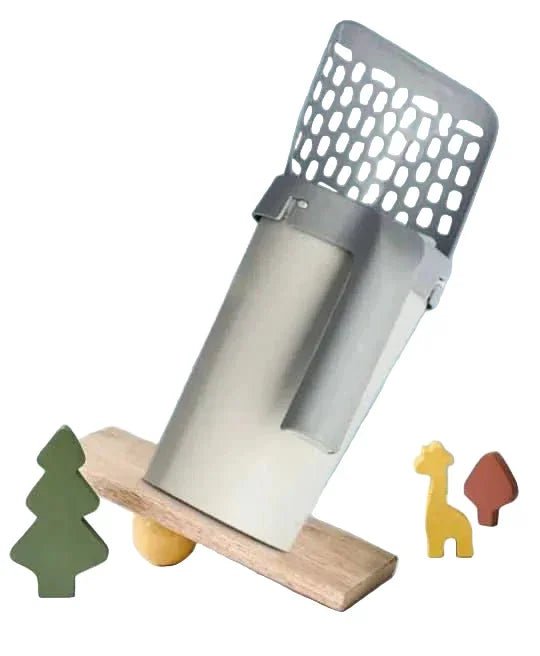 Plastic cat litter scoop with holder, wooden base, and decorative animal shapes