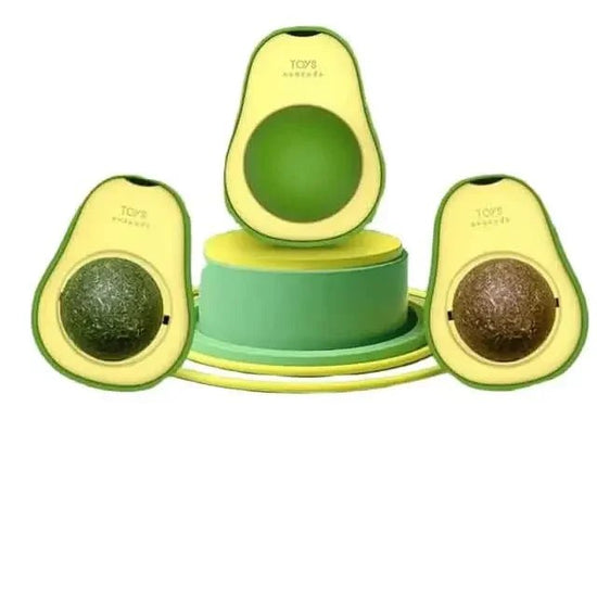 Set of green avocado-shaped catnip cat toys with roller track and interactive scratching balls
