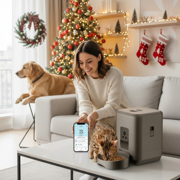 Christmas decorated living room with pets
