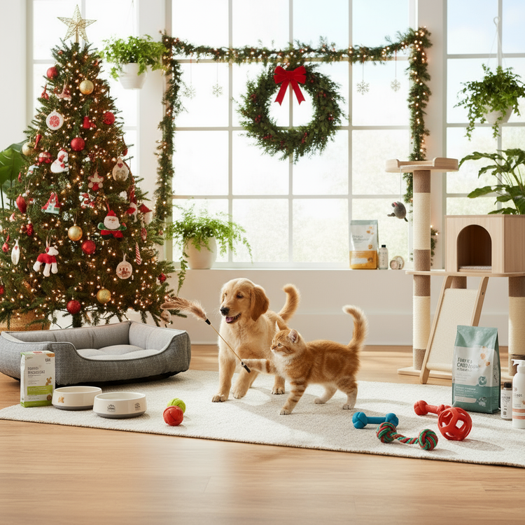 Christmas decorated pet playroom