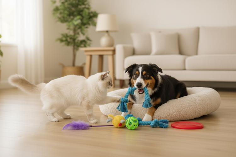 Fluffy cat and dog sharing toys