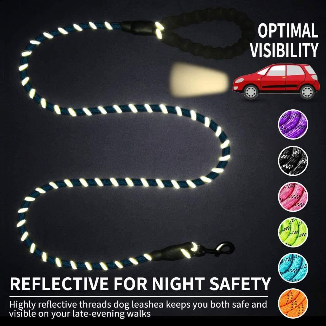 Reflective dog leash with glowing threads for nighttime safety, multiple color options shown