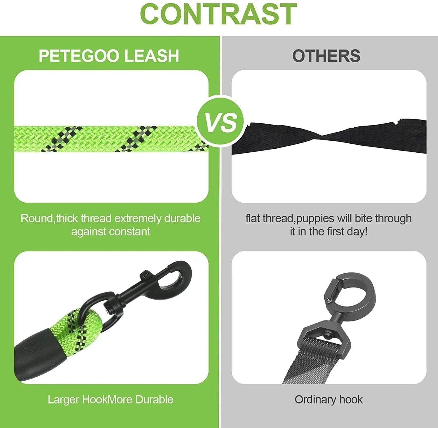 Dog leash comparison chart showing durable round green leash with large hook versus flat black leash with ordinary hook.