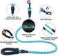 Blue reflective dog leash with padded handle, 360-degree swivel clip, and durable rope.