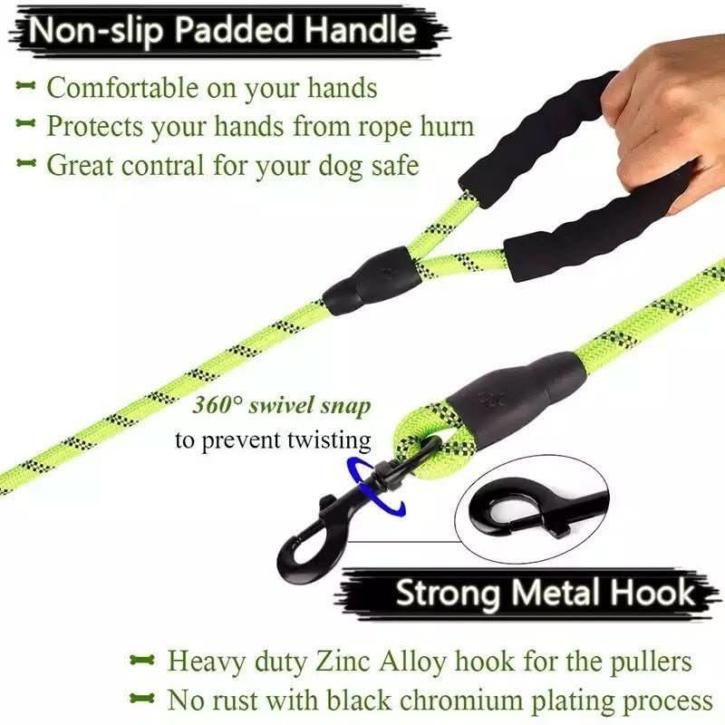 Neon yellow glowing dog leash with non-slip padded handle and strong metal hook for nighttime walks