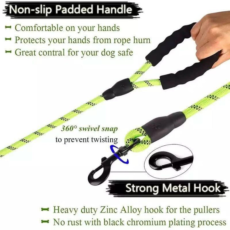 Neon yellow glowing dog leash with non-slip padded handle and strong metal hook for nighttime walks