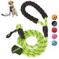 Glowing dog leash with padded black handle, reflective rope, and multiple color options.