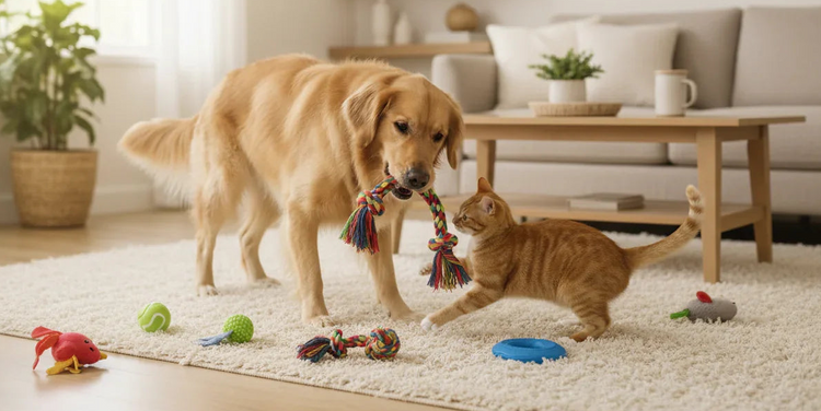Golden retriever and orange tabby cat playing with colorful pet toys on a living room rug.