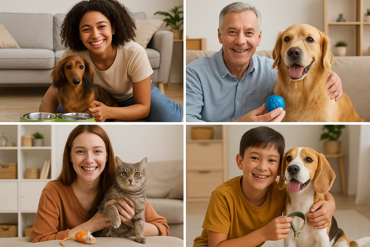Happy people with dogs and a cat indoors, showcasing pet beds, toys, and accessories.