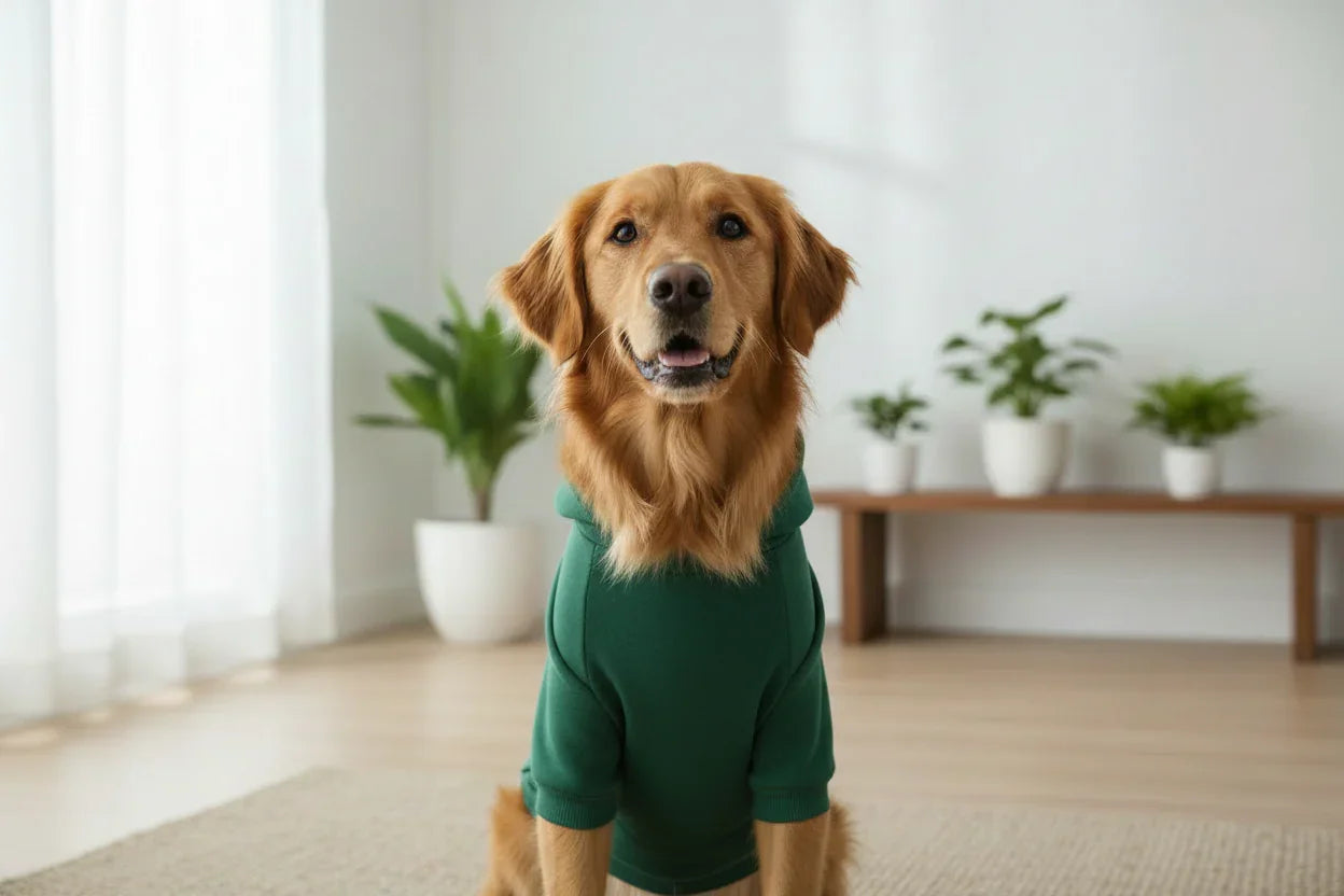 Golden retriever dog in green sweater sitting in bright living room with houseplants