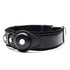 Black leather dog collar with GPS tracker holder and metal buckle, close-up view