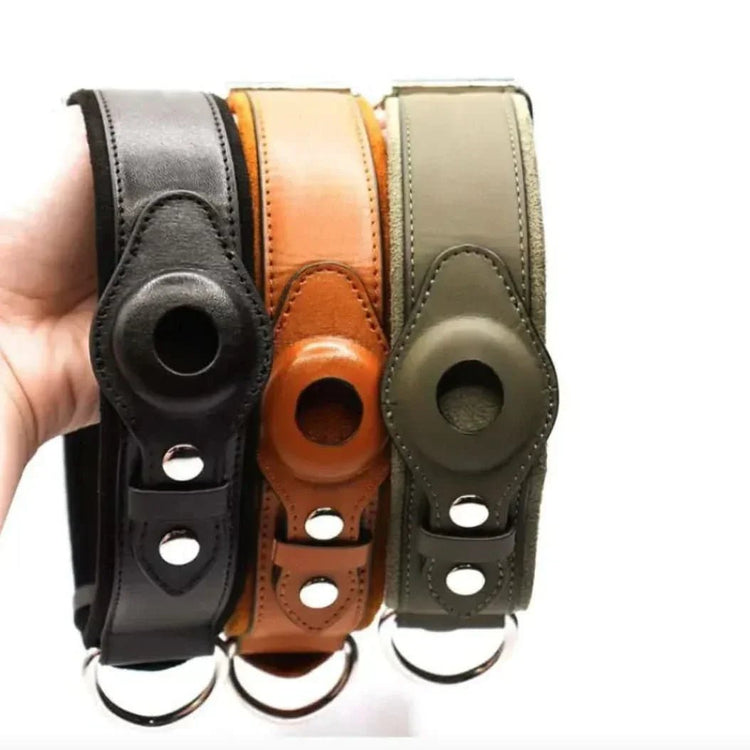 Three leather GPS dog collar holders in black, brown, and green with metal rings.