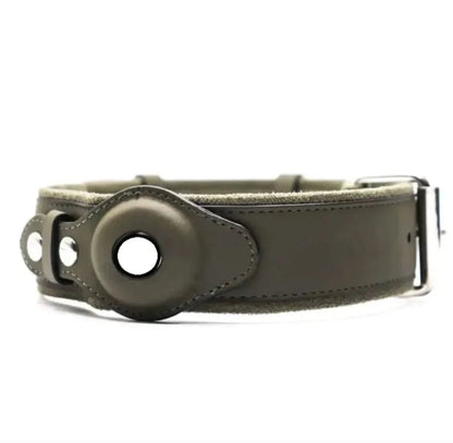 Brown leather dog collar with GPS tracker holder and metal buckle on white background