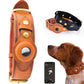 Leather GPS dog collar holder in brown and black, shown on a dog with tracking app.