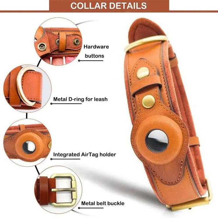 Leather dog collar with AirTag holder, metal buckle, D-ring, and hardware buttons.