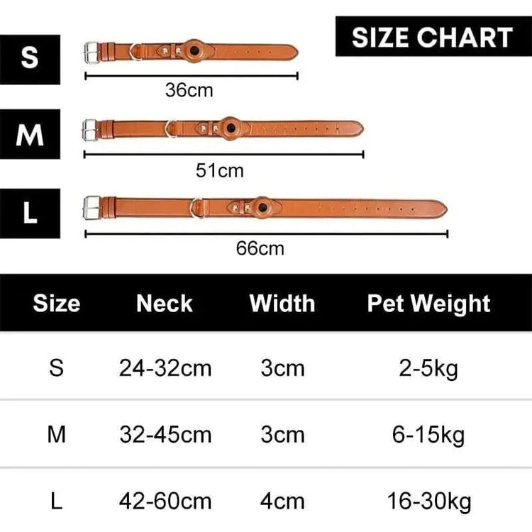 Size chart for brown leather GPS dog collar holder with neck, width, and pet weight guides.