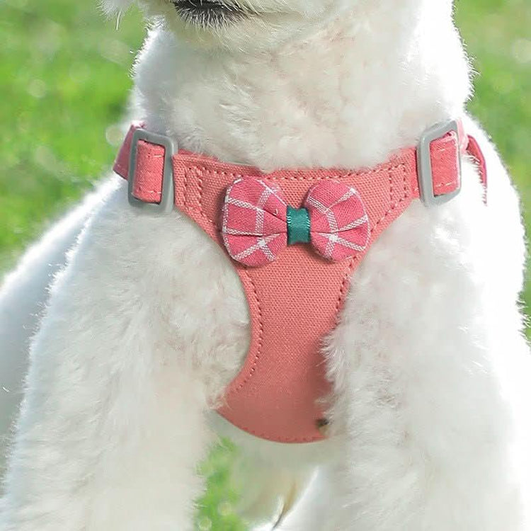 Small dog wearing a pink harness with plaid bow, adjustable straps, outdoors on grass
