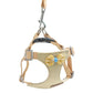 Beige mini dog harness and leash set with yellow bow, adjustable straps, and safety buckle.