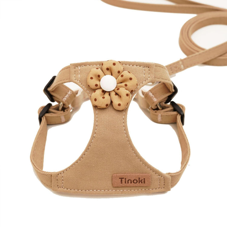 Beige dog harness and leash set with flower decoration and adjustable straps