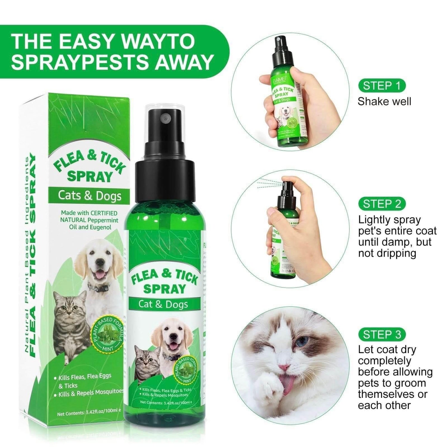Natural Flea Tick Spray - Plant - Based Pet Parasite Treatment for Dogs & Cats - PawsiFypets