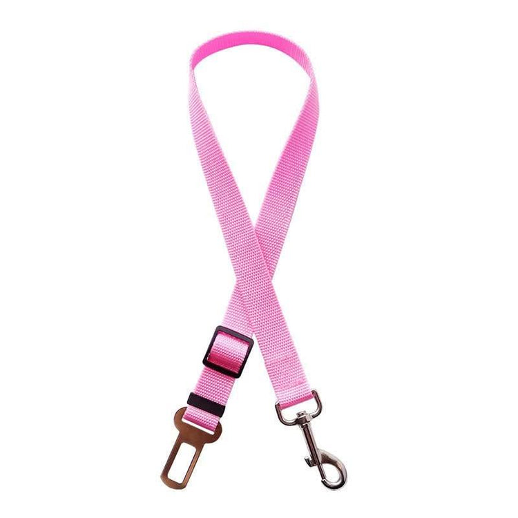 Pink adjustable dog car seat belt with metal clip and buckle on white background