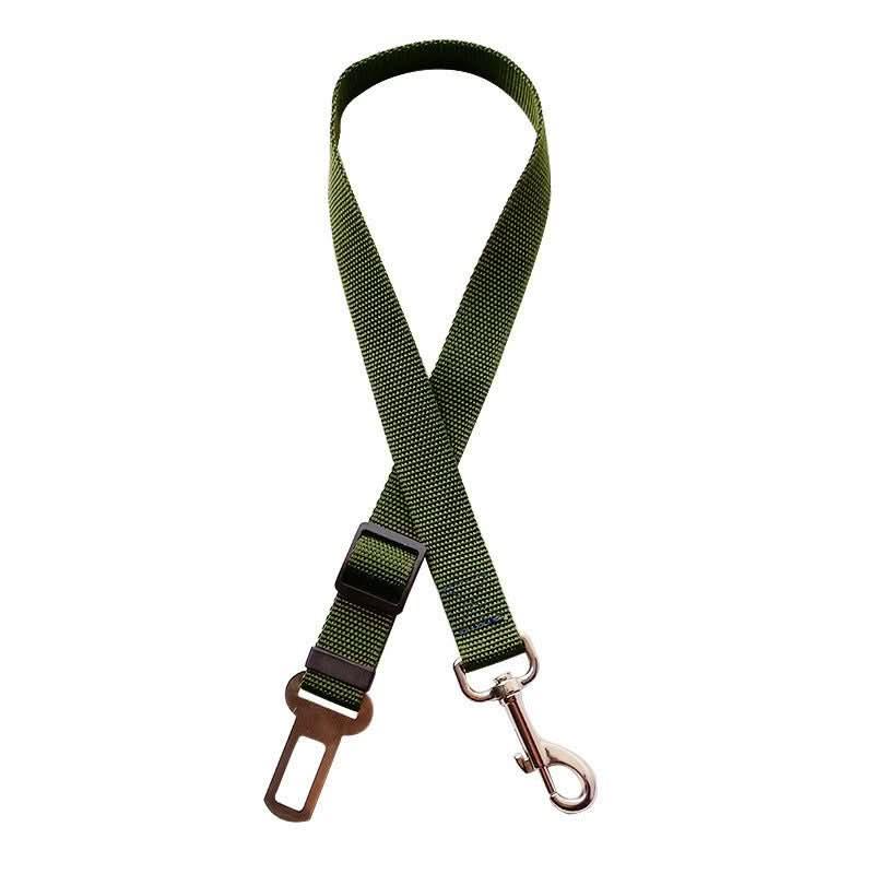 Adjustable green dog car seat belt with metal clip and buckle on white background