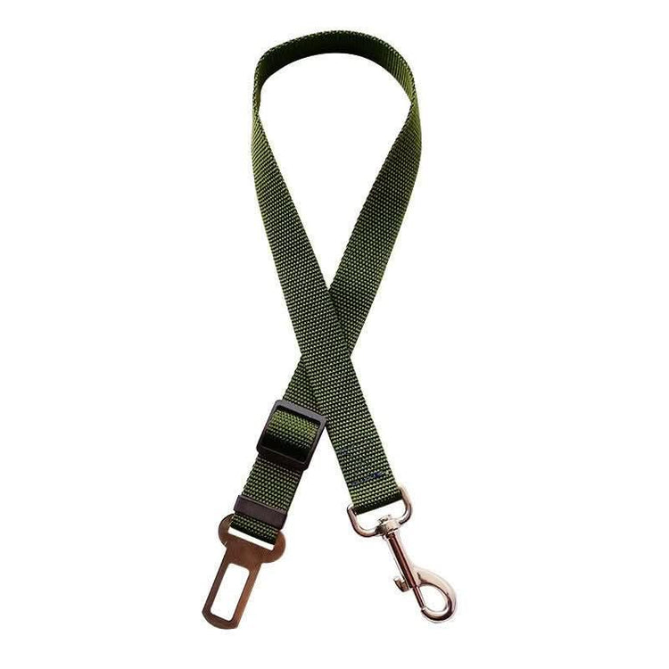 Adjustable green dog car seat belt with metal clip and buckle on white background