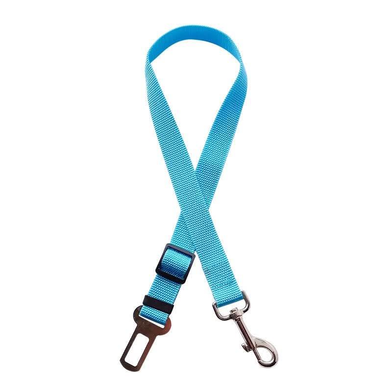 Blue adjustable dog car seat belt with metal buckle and clip on white background
