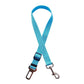 Blue adjustable dog car seat belt with metal buckle and clip on white background