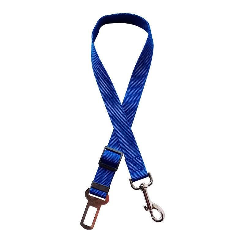 Blue dog car seat belt with adjustable strap and metal clip for pet safety travel