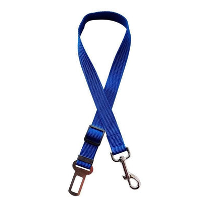 Blue dog car seat belt with adjustable strap and metal clip for pet safety travel