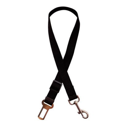 Adjustable black dog car seat belt with metal clip and buckle for pet travel safety