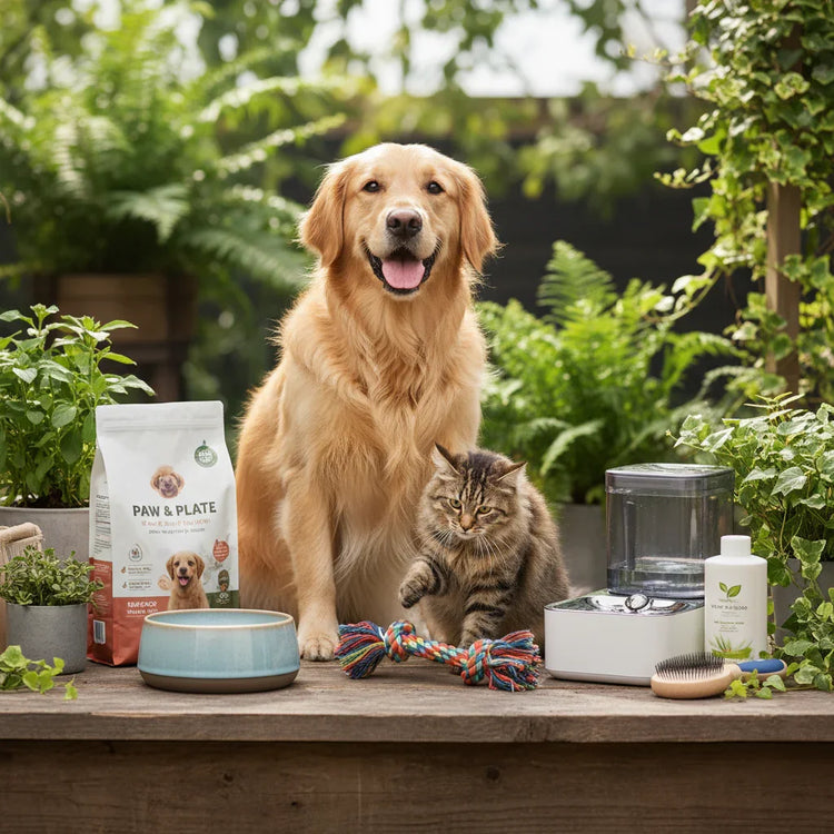 Dog and cat with pet food, toys, grooming brush, and water fountain on rustic wood table outdoors